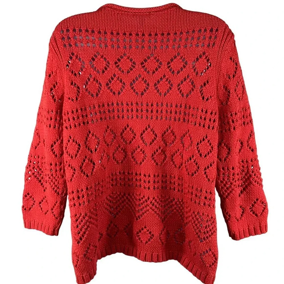 Talbots Womens Lp Red Pointelle Open Knit Sweater 3/4 Sleeve Lattice Diamond Top - Picture 2 of 14